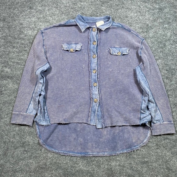 Oli & Hali Tops - Oli & Hali Blue Mineral Wash Waffle Knit Oversized Button Down Shirt DS6172 M/L